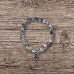 Gray Beaded Bracelet with Cross Charm